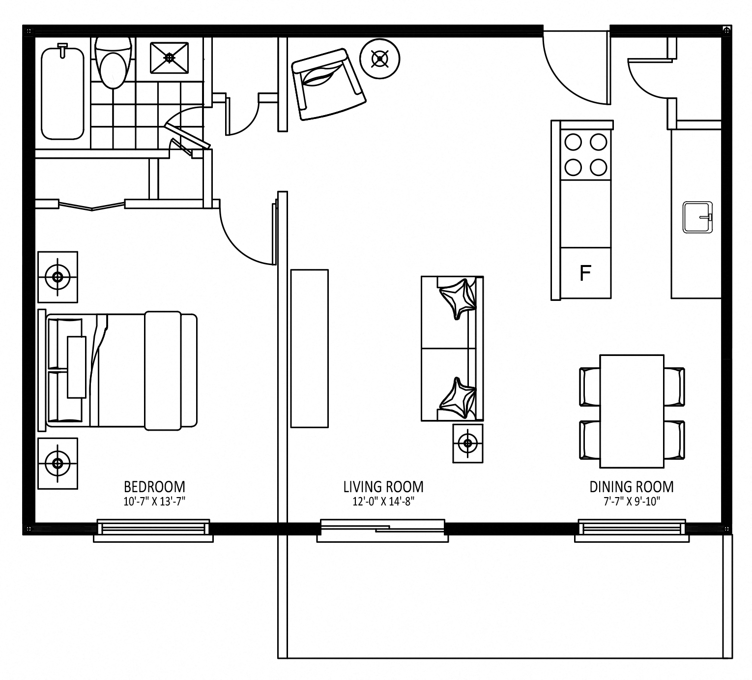 Floor plan for 1 bed, 1 bath, 703 sqft